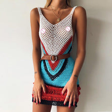 Load image into Gallery viewer, Bohemian Multi Color-Blocked Short Dress Casual Summer Sexy Vneck
